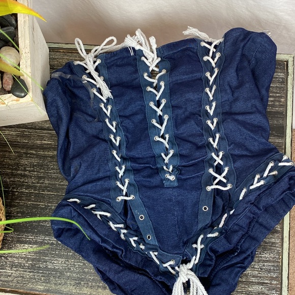 Love Highlight Blue Denim Tie Lace Up Sleeveless Strapless Corset Crop Top XL - Picture 5 of 7